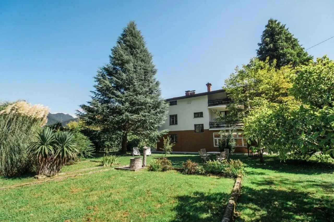 Vila Labod za vrtom z ležalniki in smreko